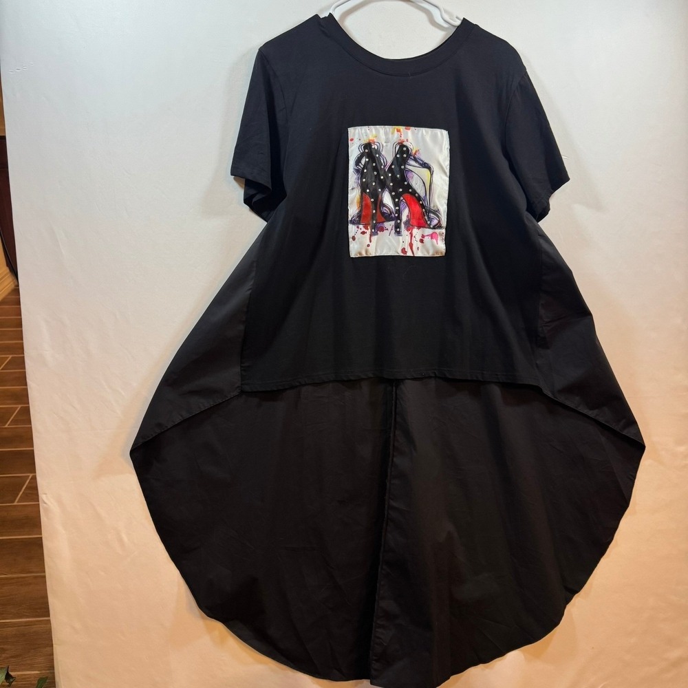WoWo Black High Low Graphic Stiletto Rhinestone Top T122234 Womens Medium